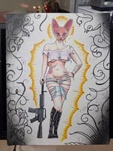 Load image into Gallery viewer, Marker Art of a woman with a cat mask and a rifle. drawn by B Spy Artvictim