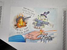 Load image into Gallery viewer, A hand-drawn cartoon art print featuring a burning bacon character with the text 'HAVE YOU EVER TRIED TO MOVE A CASTLE? MAY ALL YOUR BACON BURN' and a hand drawing a bacon stick with the words 'Show me the way to Home'.
